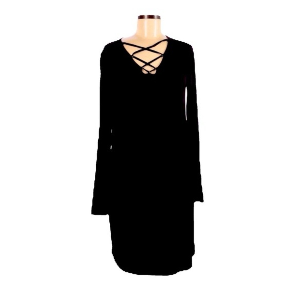 NWT BLUENOTES LONG SLEEVE BELL HEM 95RAYON BLACK BELL V NECK CRISCROSS STRAP XL